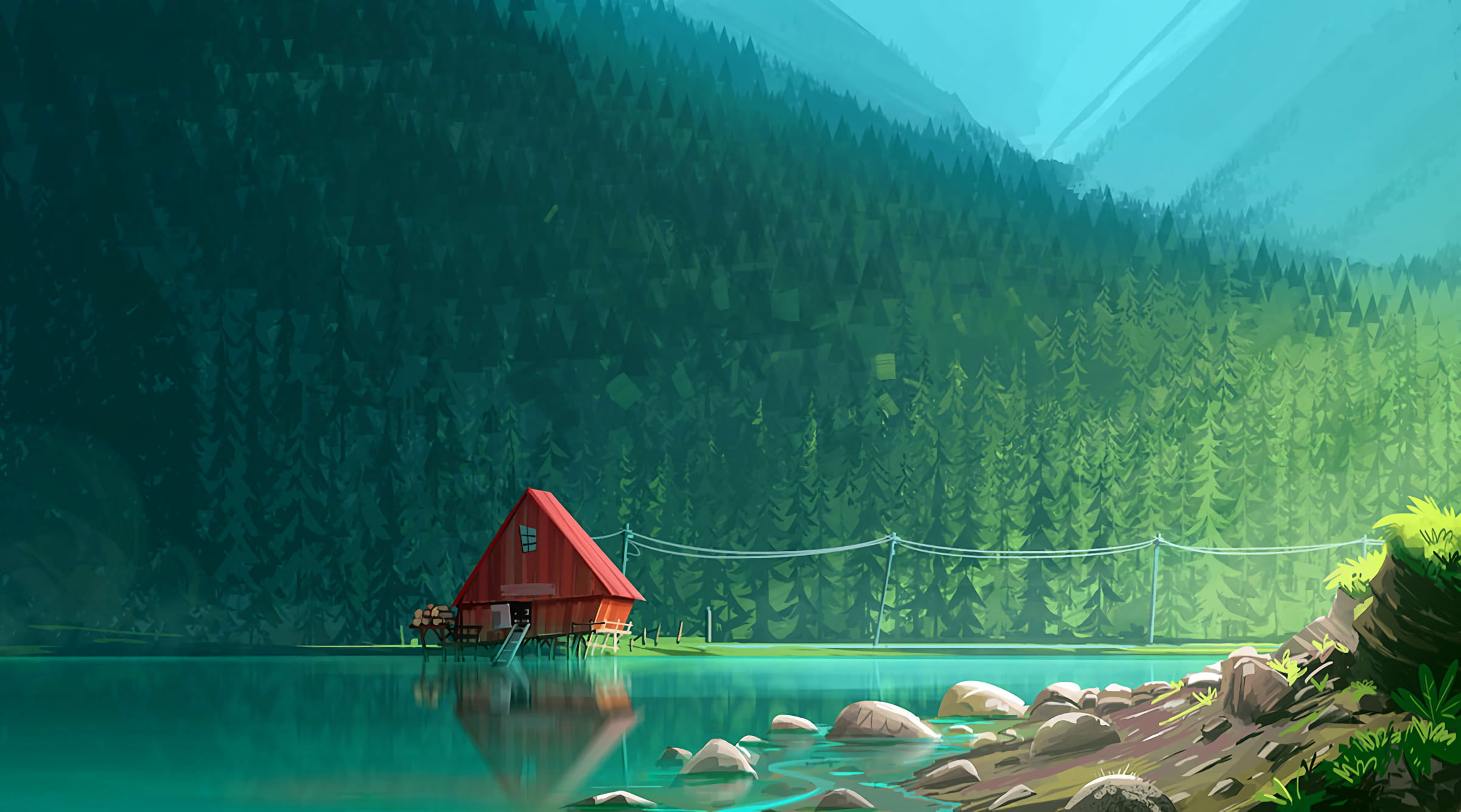 Red wooden house near body of water, red house on body of water surrounded with trees artwork