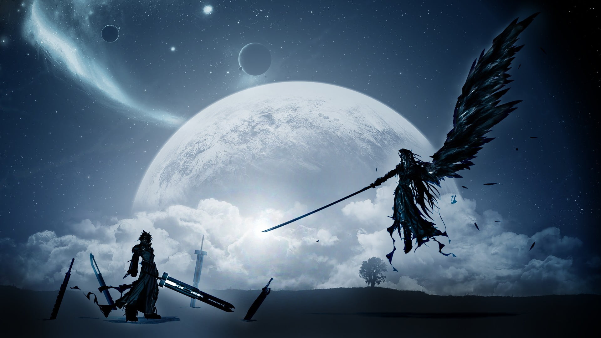 Final Fantasy 7's Cloud Strife and Sephiroth digital wallpaper