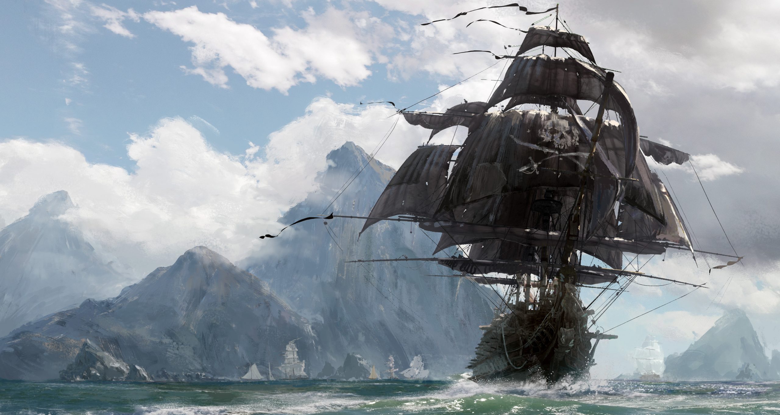 Brown pirate ship digital wallpaper, sake, sword, game, island