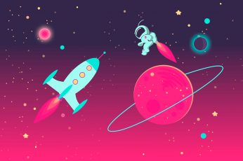 Cartoon Astronaut and Rocket in Outer Space, background, cosmonaut