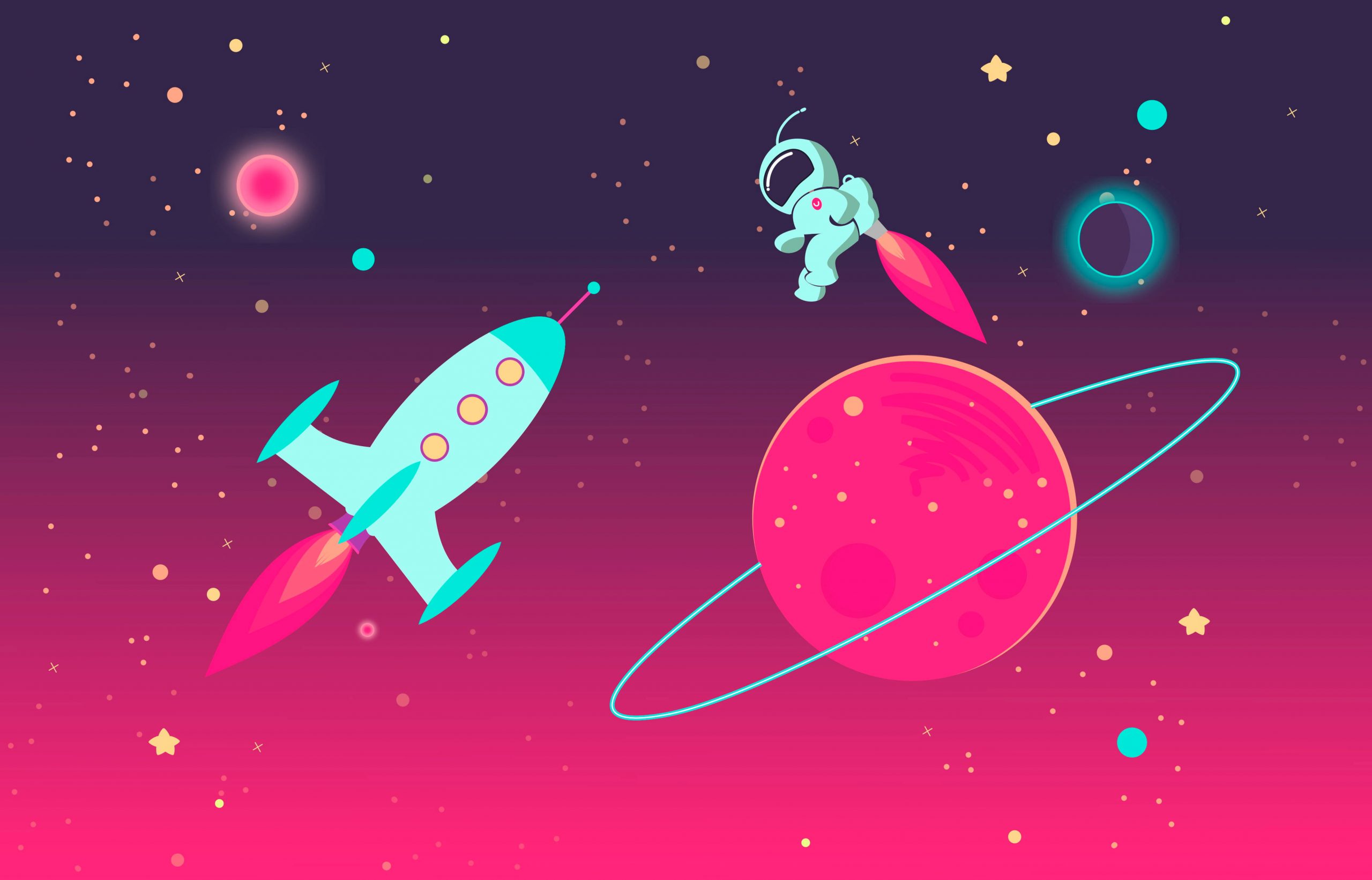 Cartoon Astronaut and Rocket in Outer Space, background, cosmonaut