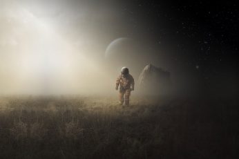 Man wearing brown suit digital wallpaper, science fiction, astronaut