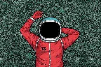 Red astronaut artwork, grass, one person, clothing, day, real people