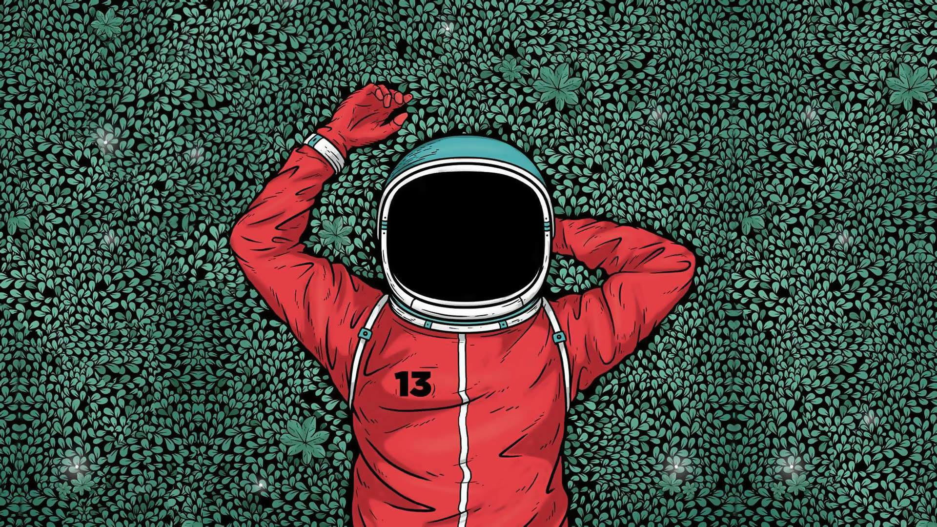 Red astronaut artwork, grass, one person, clothing, day, real people
