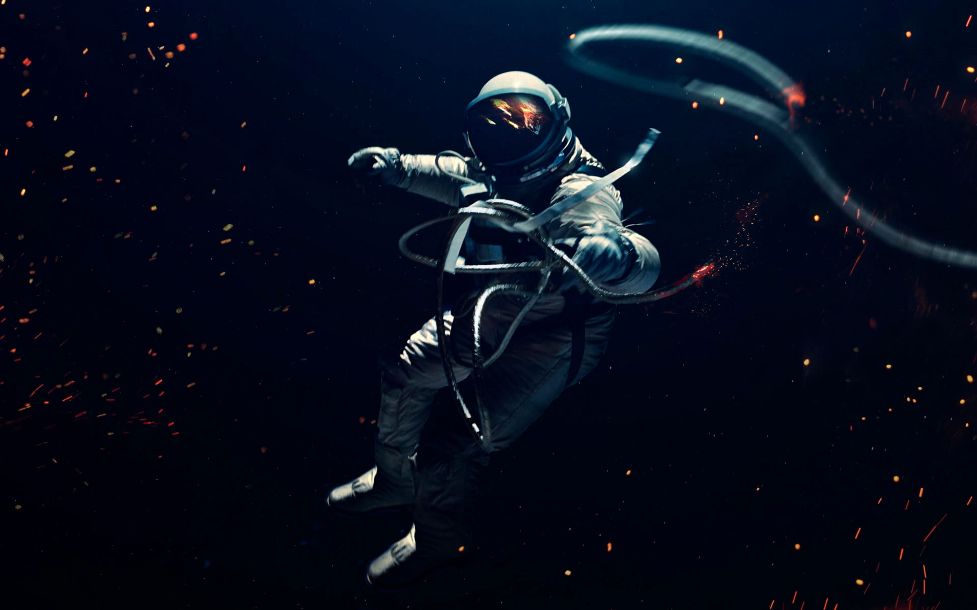 Astronaut holding cable digital wallpaper, spacesuit, digital art