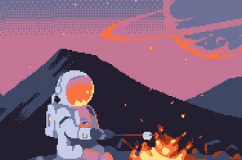 Astronaut grilling marshmallow artwork, pixelated, pixel art