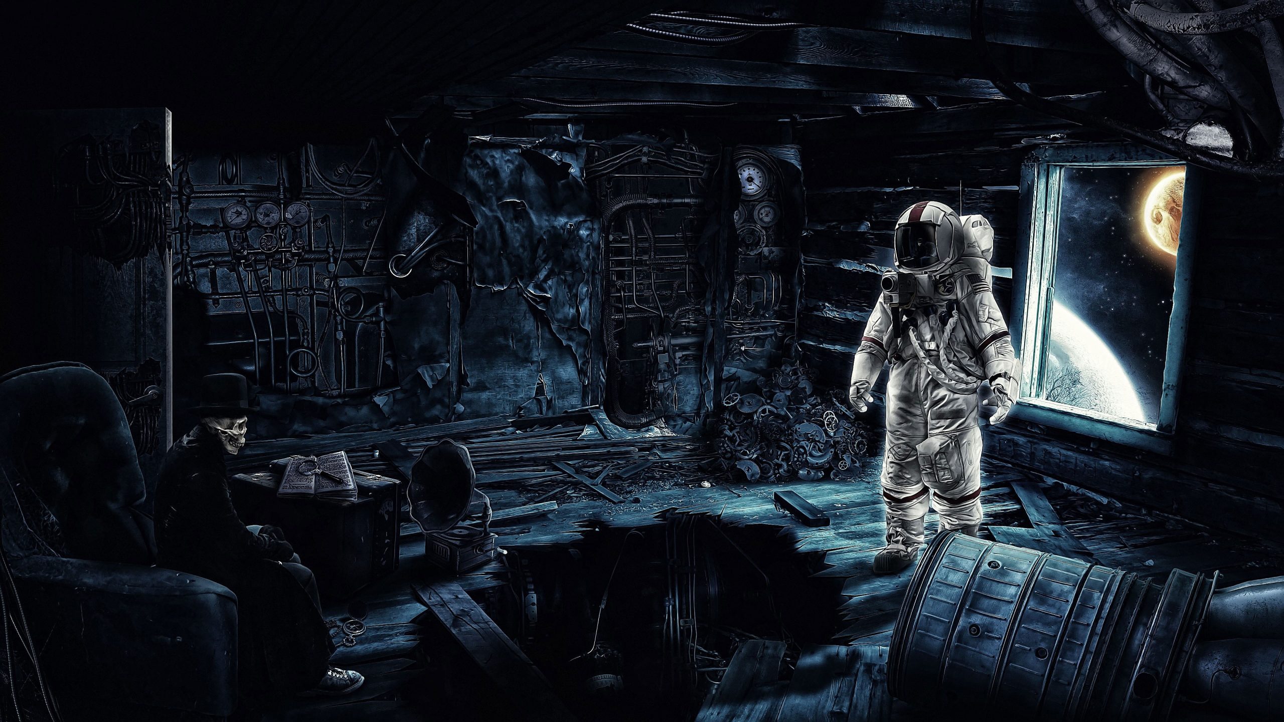 Astronaut digital art, futuristic, skeleton, skull, hat, camera