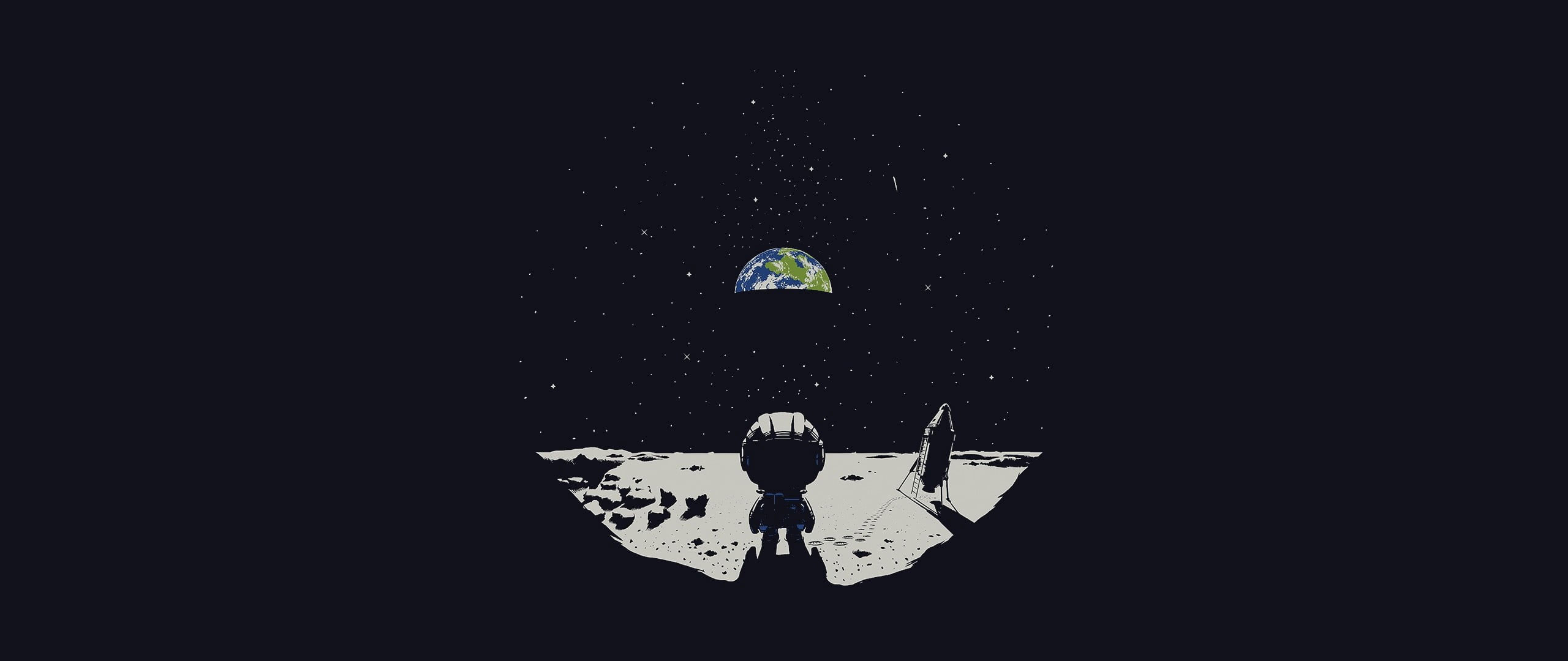 Astronaut on outer space illustration, ultrawide, Moon, Earth