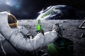 Astronaut drinking beer on moon while watching earth destroy wallpaper