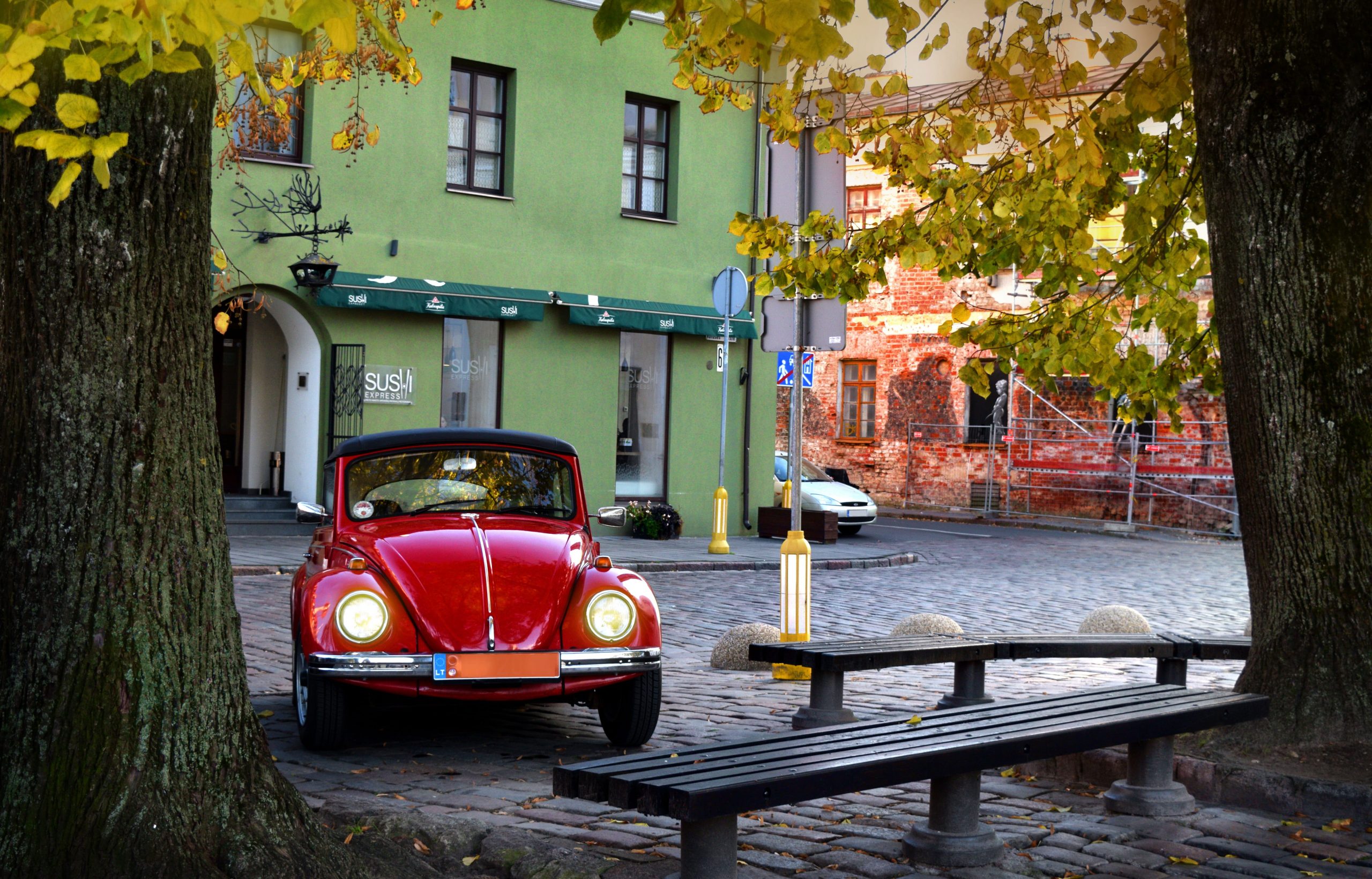 Red Volkswagen Beetle coupe parked beside gray tree trunk near black concrete bench at daytime wallpaper