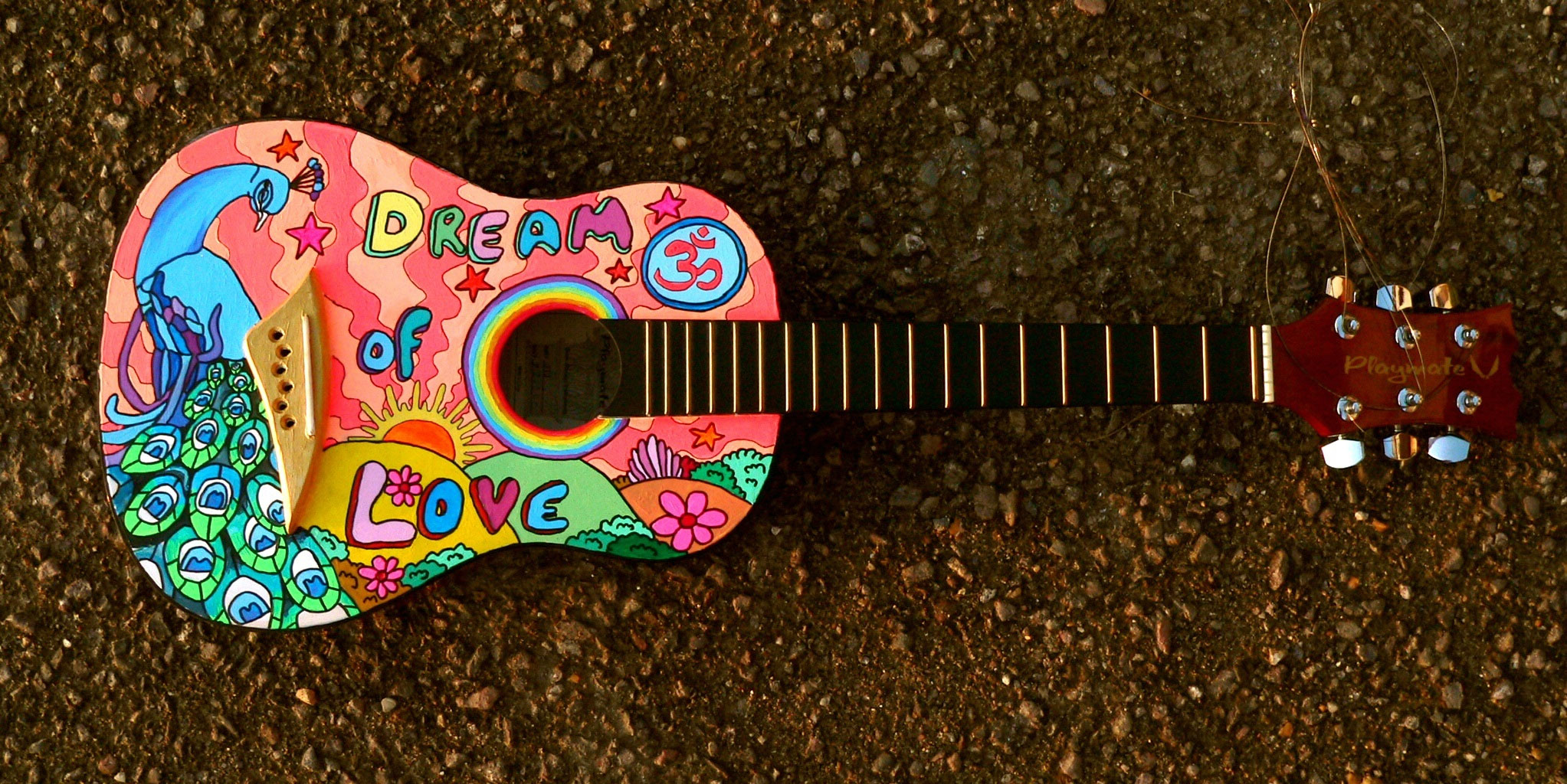 Multicolored acoustic guitar wallpaper, painted guitar, hippie, music