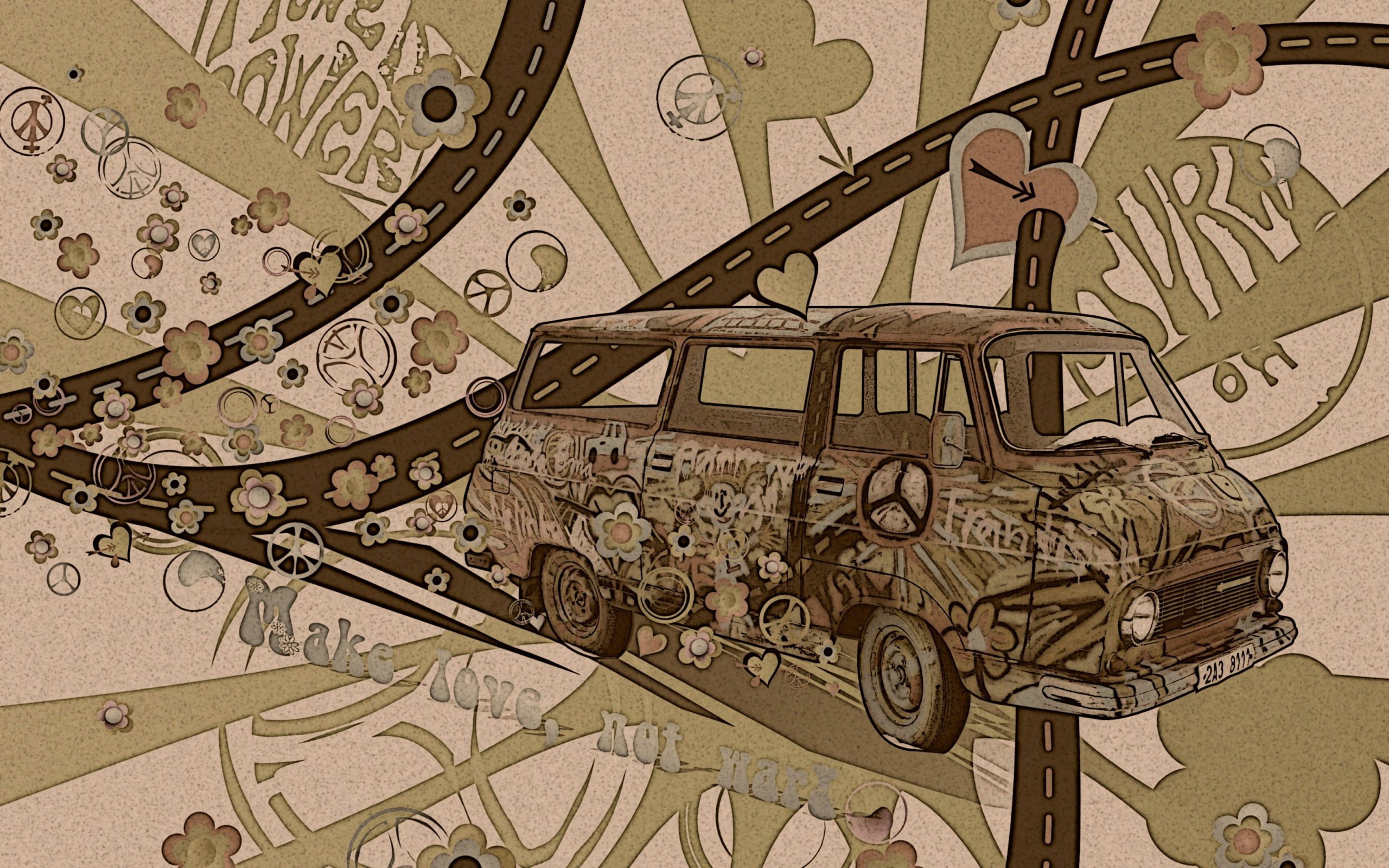 Car wallpaper, typography, artwork, brown, hippie, indoors, no people