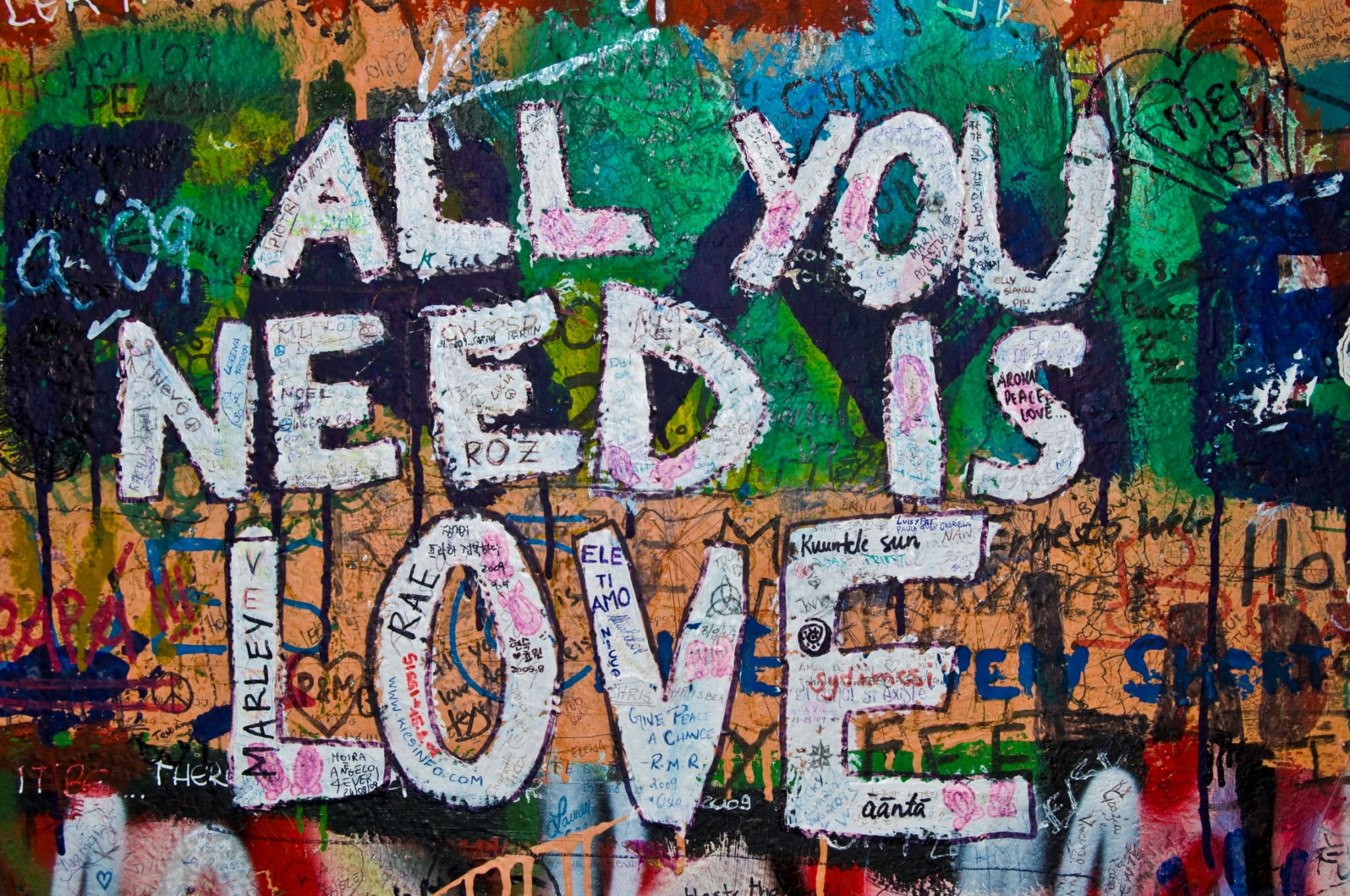 Hippie themed wallpaper, communication, multi colored, graffiti, text