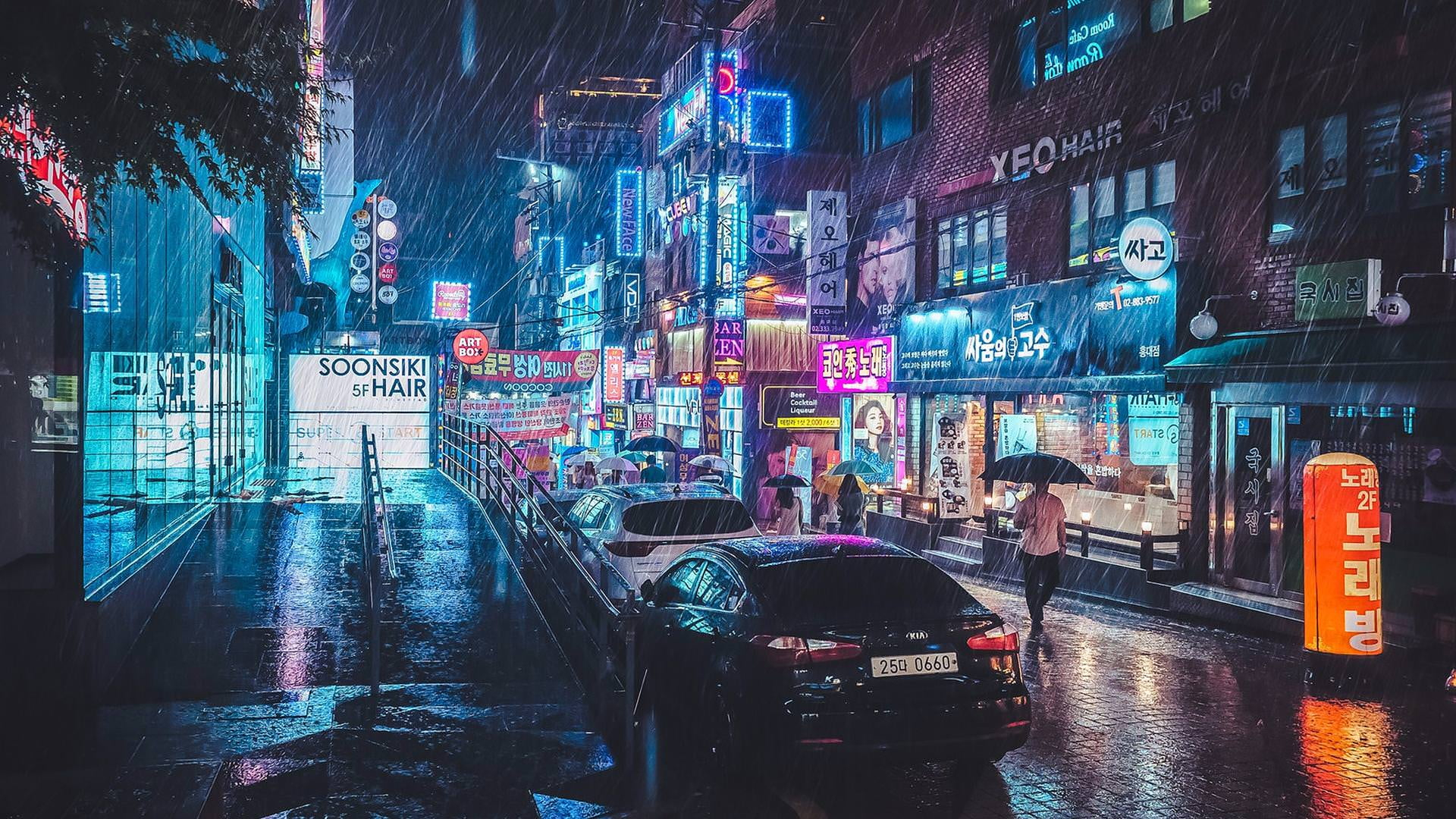 Black sedan, black car, street, neon, rain, reflection, Korean