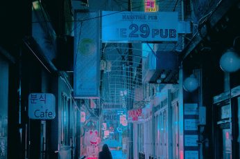Seoul, woman with umbrella walking down the street, vaporwave aesthetic