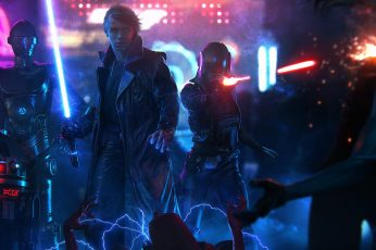 Star Wars wallpaper, cyberpunk, Luke Skywalker, lightsaber, neon