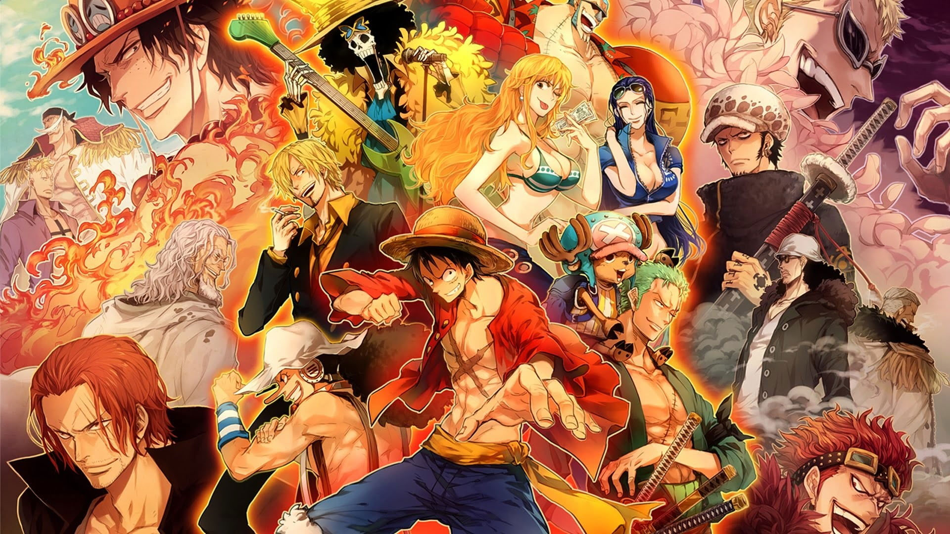 One Piece poster wallpaper, Monkey D. Luffy, Trafalgar Law, Ussop, Roronoa Zoro