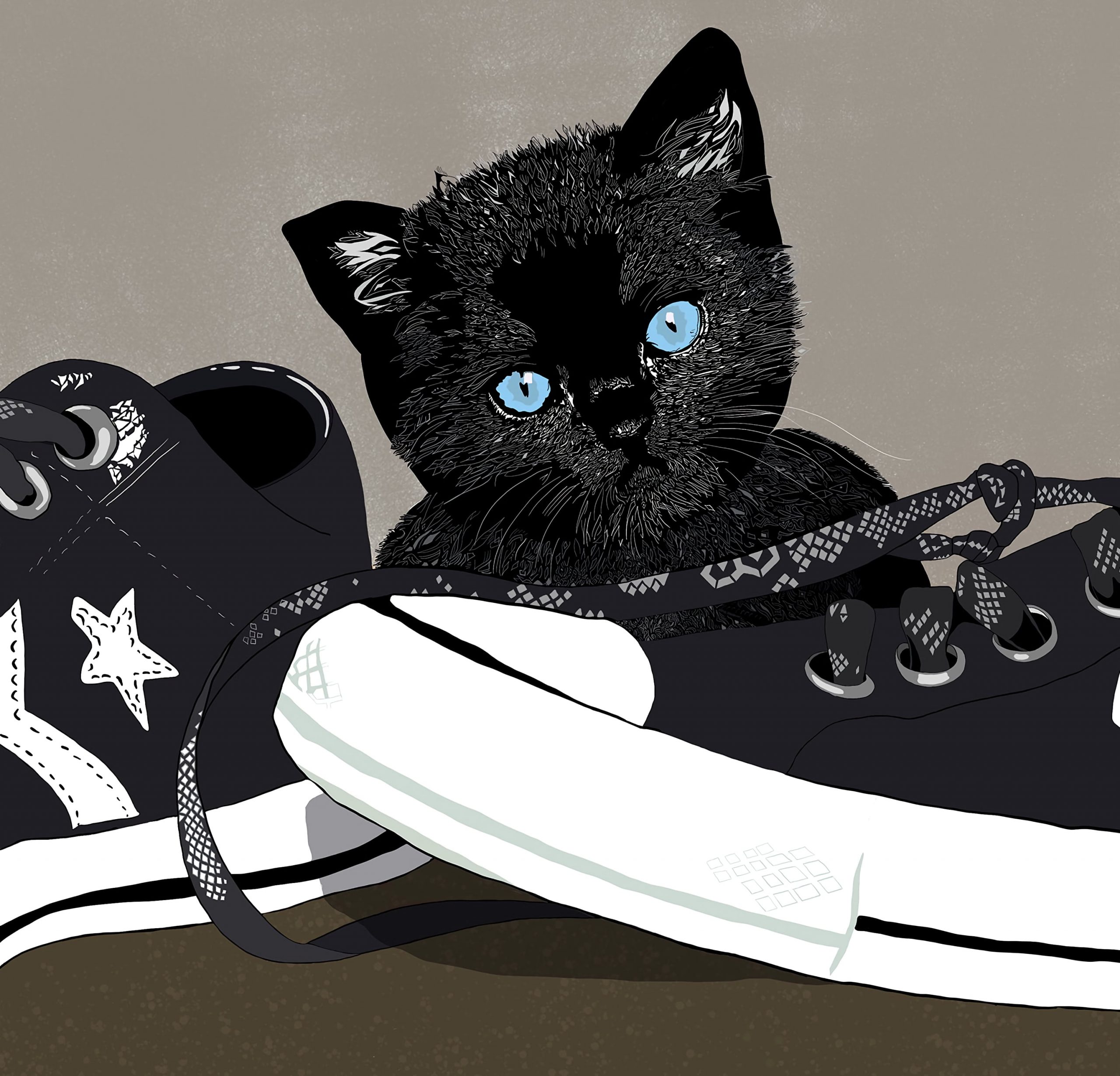 Kitten, sneakers, art, illustration, cute, cat, domestic cat