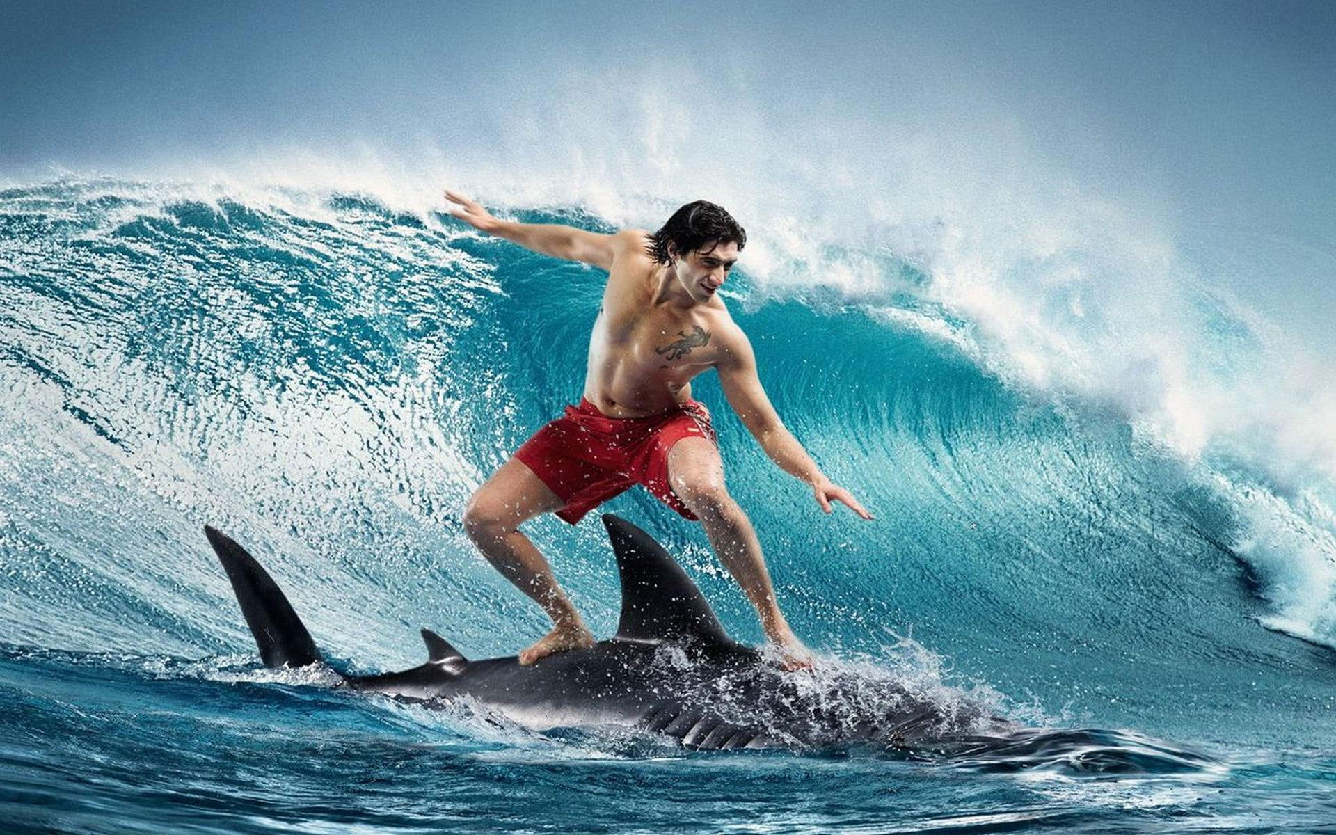 Surfing, men’s red shorts, sports, abstract, fantasy, courage