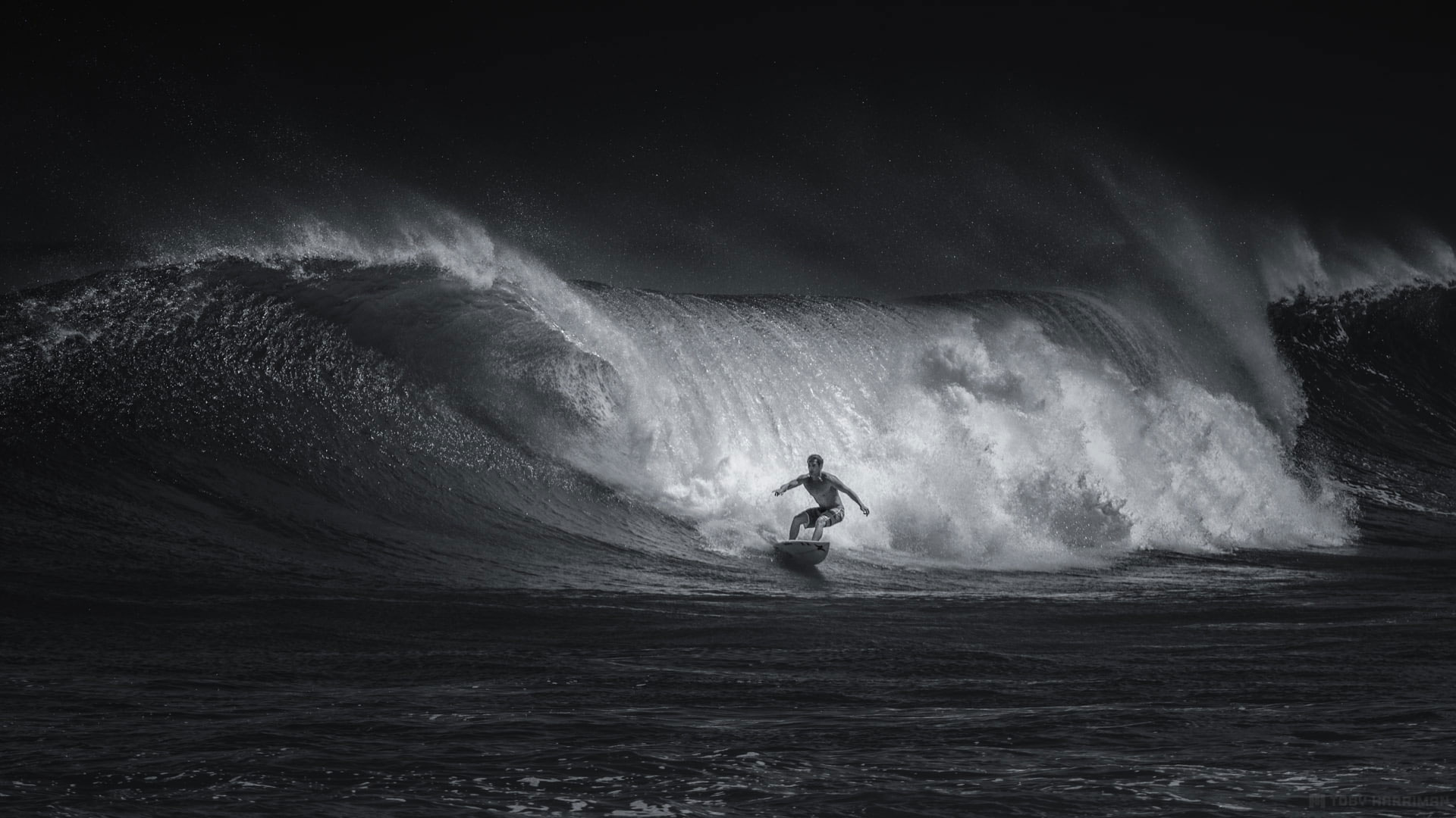 Person surfing, sport, wave, black and white