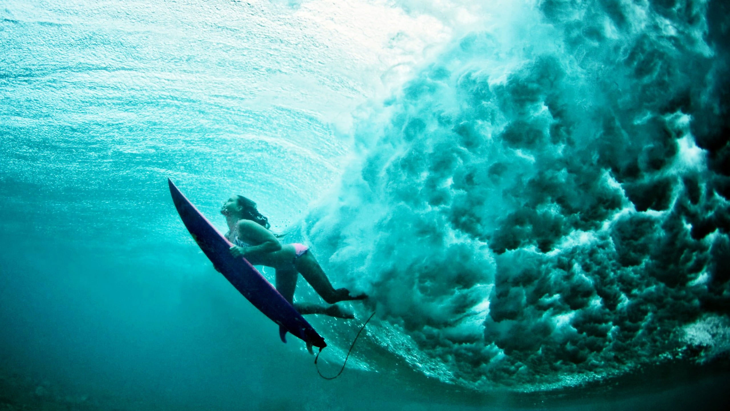Blue surfboard, women, water, underwater, surfing, sports, sea