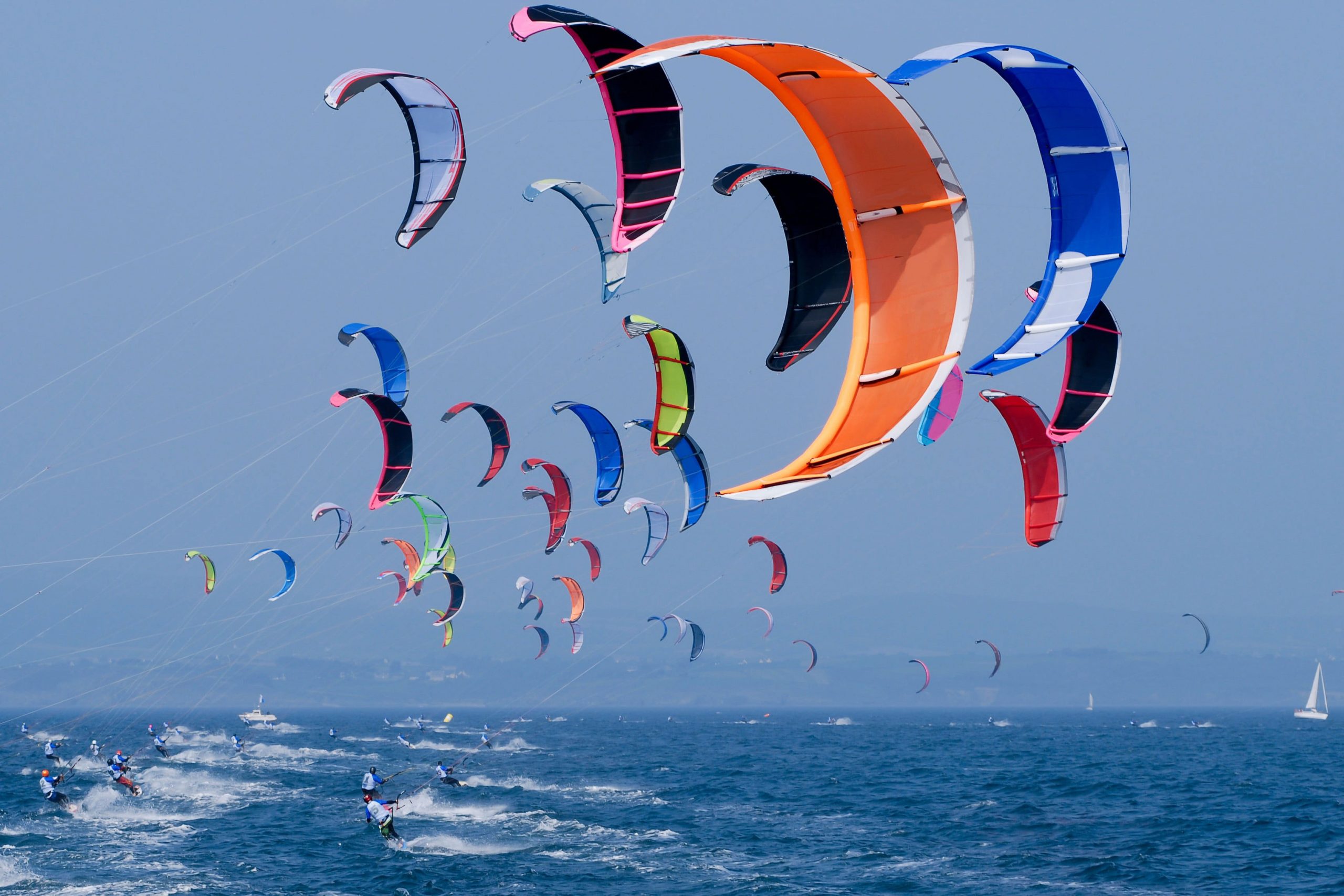Multicolored kite surfing lot, kitesurfing, sport , sea, water