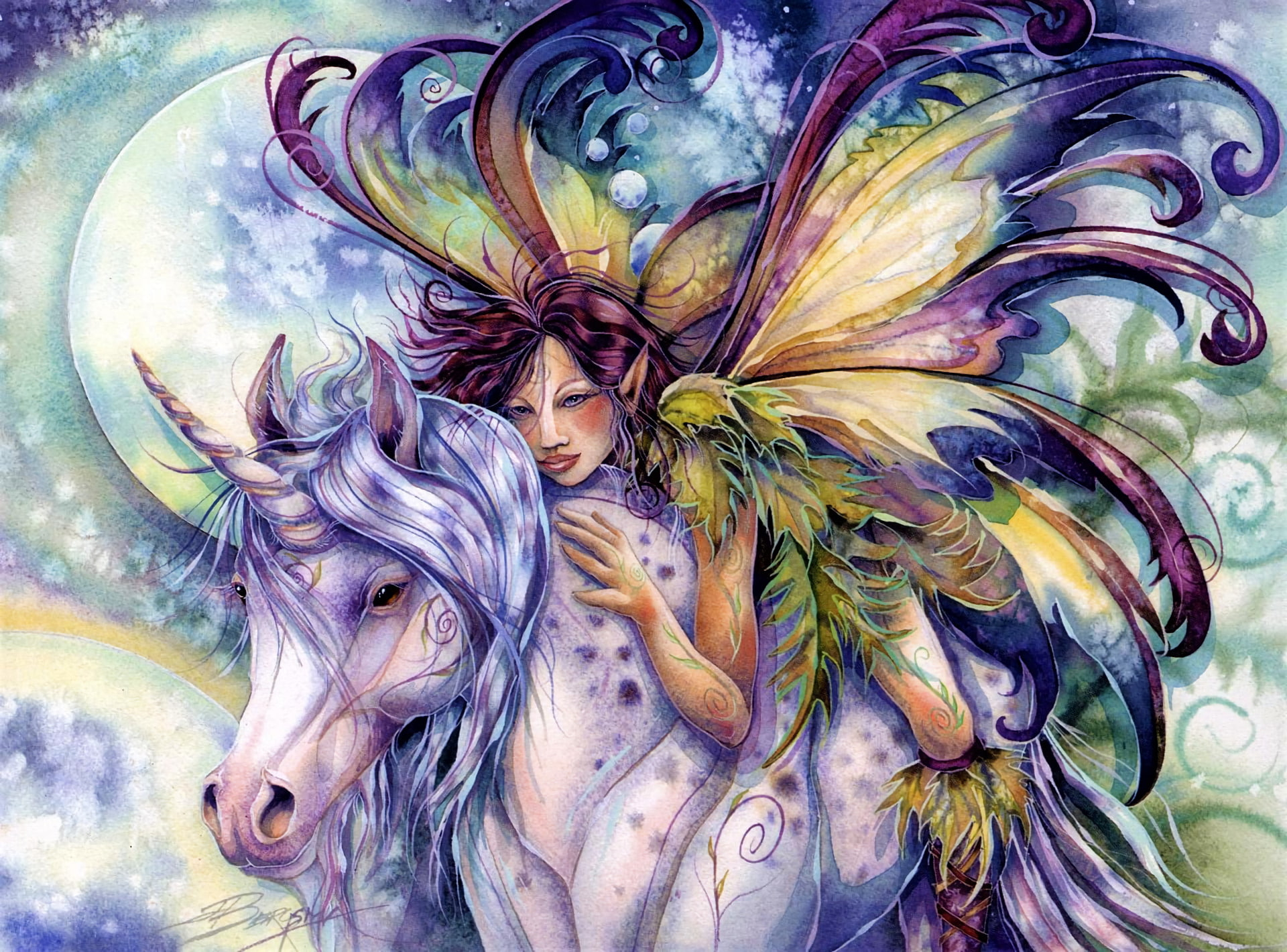 Fantasy wallpaper, Fairy, Colorful, Unicorn, Watercolor, Wings