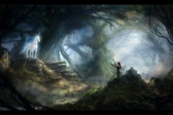 Forest wallpaper, stones, woman, meeting, call, UNICORN