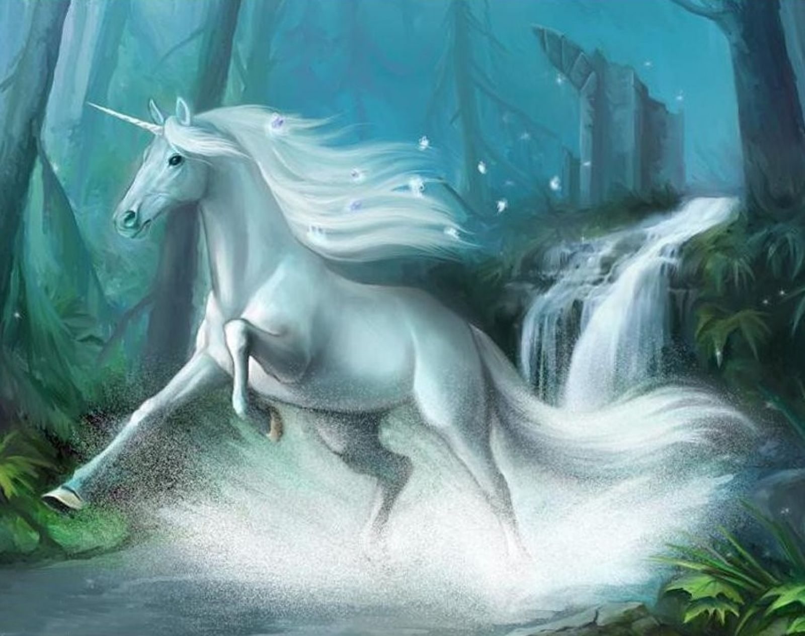 Unicorn, fantasy, luminos, green, running, white, blue
