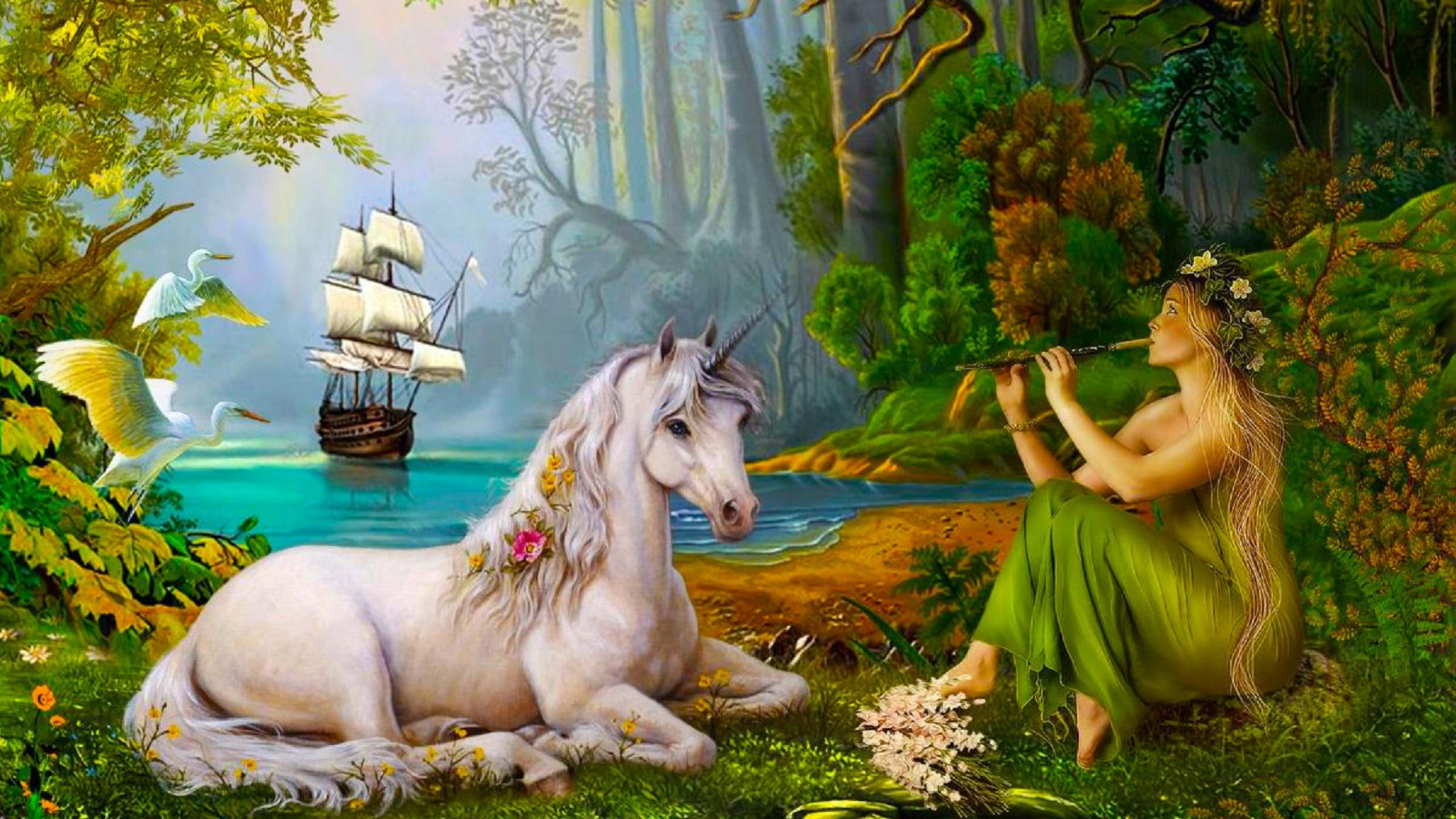 Fantasy Animals, Unicorn, Bird, Boat, Flute, Forest, Sailboat