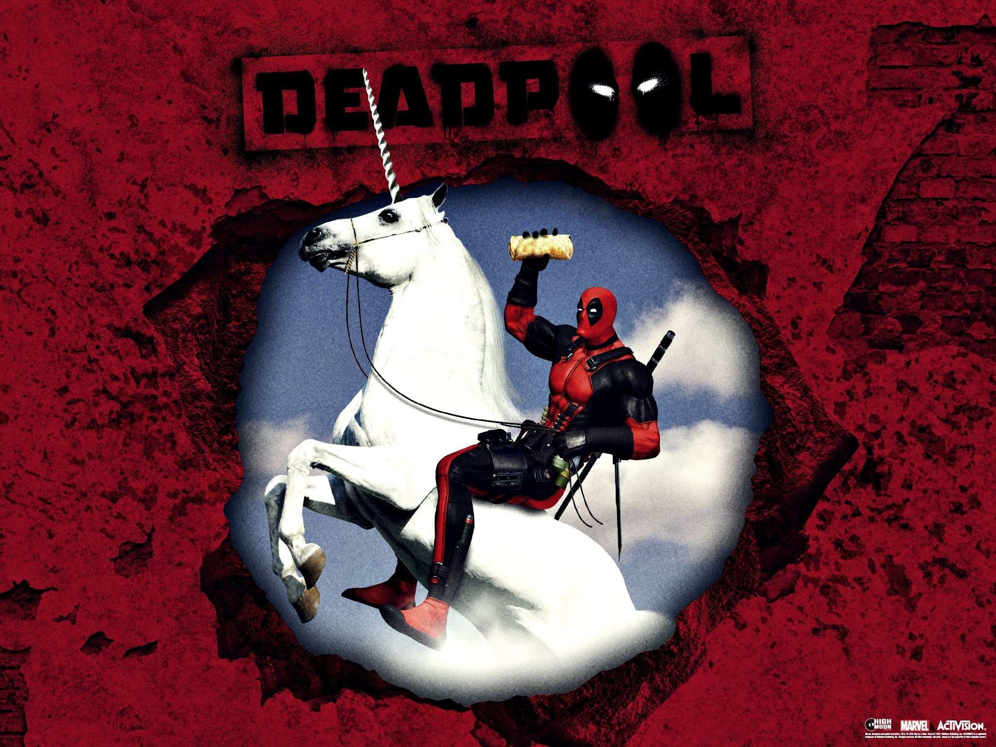 Deadpool wallpaper, unicorns, Marvel Comics, red, representation, human representation
