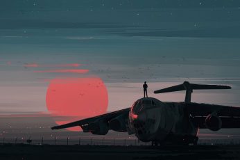 White airplane wallpaper, man standing on plane, digital art, Aenami, sunset