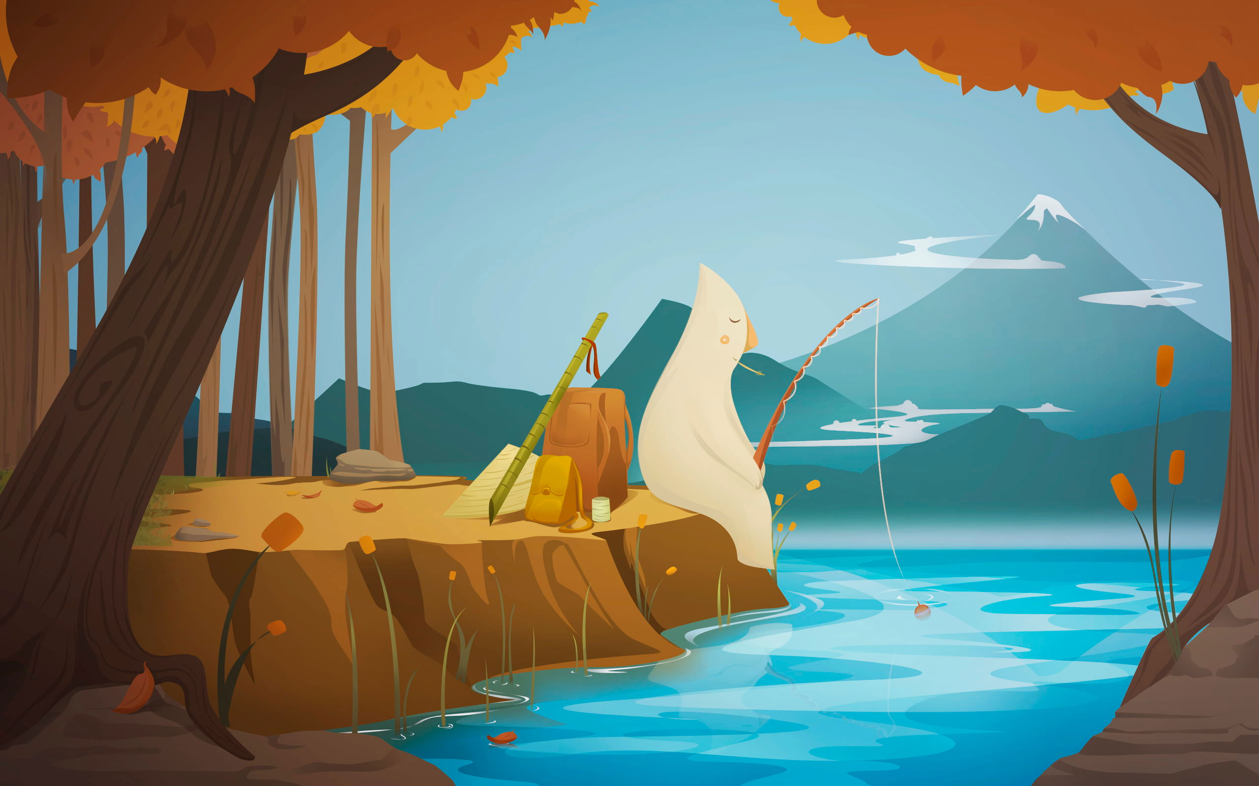 Person fishing wallpaper illustration, polar panda fishing on river beside tree painting