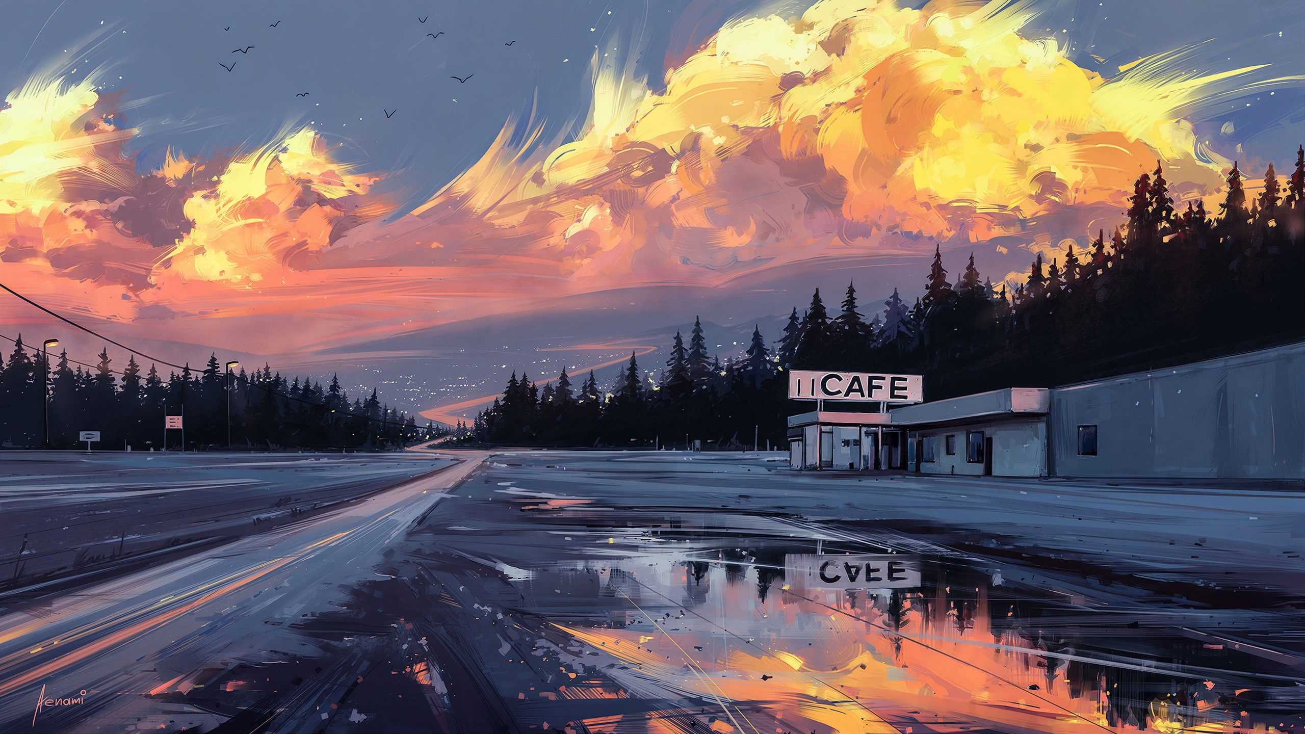 Road wallpaper, sunset, figure, art, Horizon, landscape, cafe, Aenami