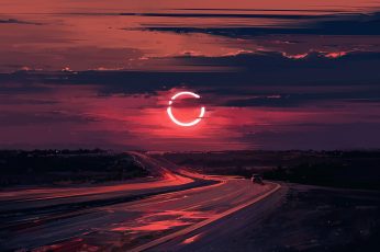 Moon wallpaper, sunset, Aenami, digital art, eclipse, landscape, road, painting