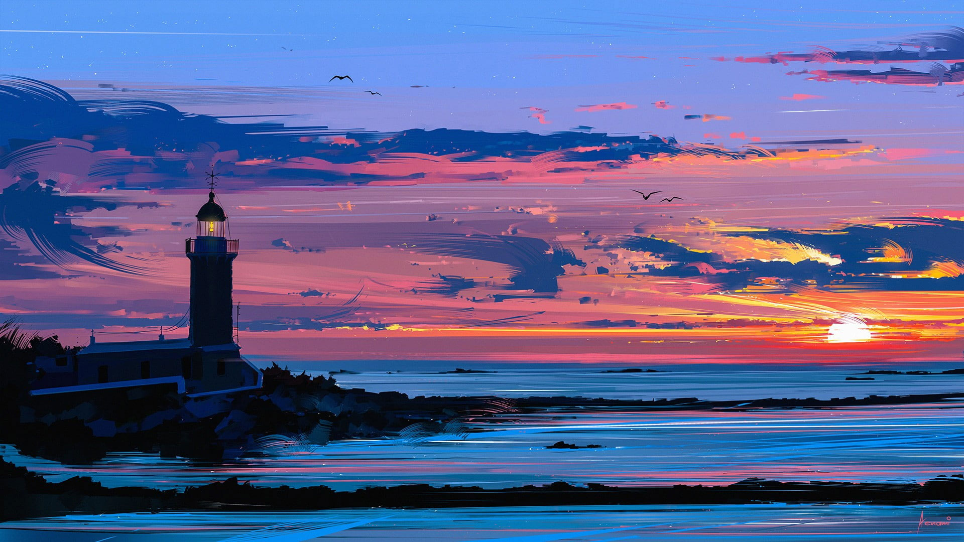 Lighthouse wallpaper, vector, digital art, artwork, coast, Aenami, colorful