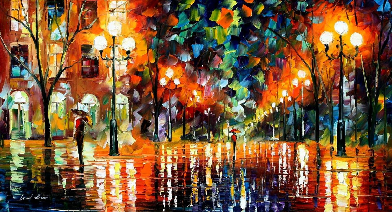 Multicolored streetlight wallpaper painting, colorful, umbrella, Leonid Afremov
