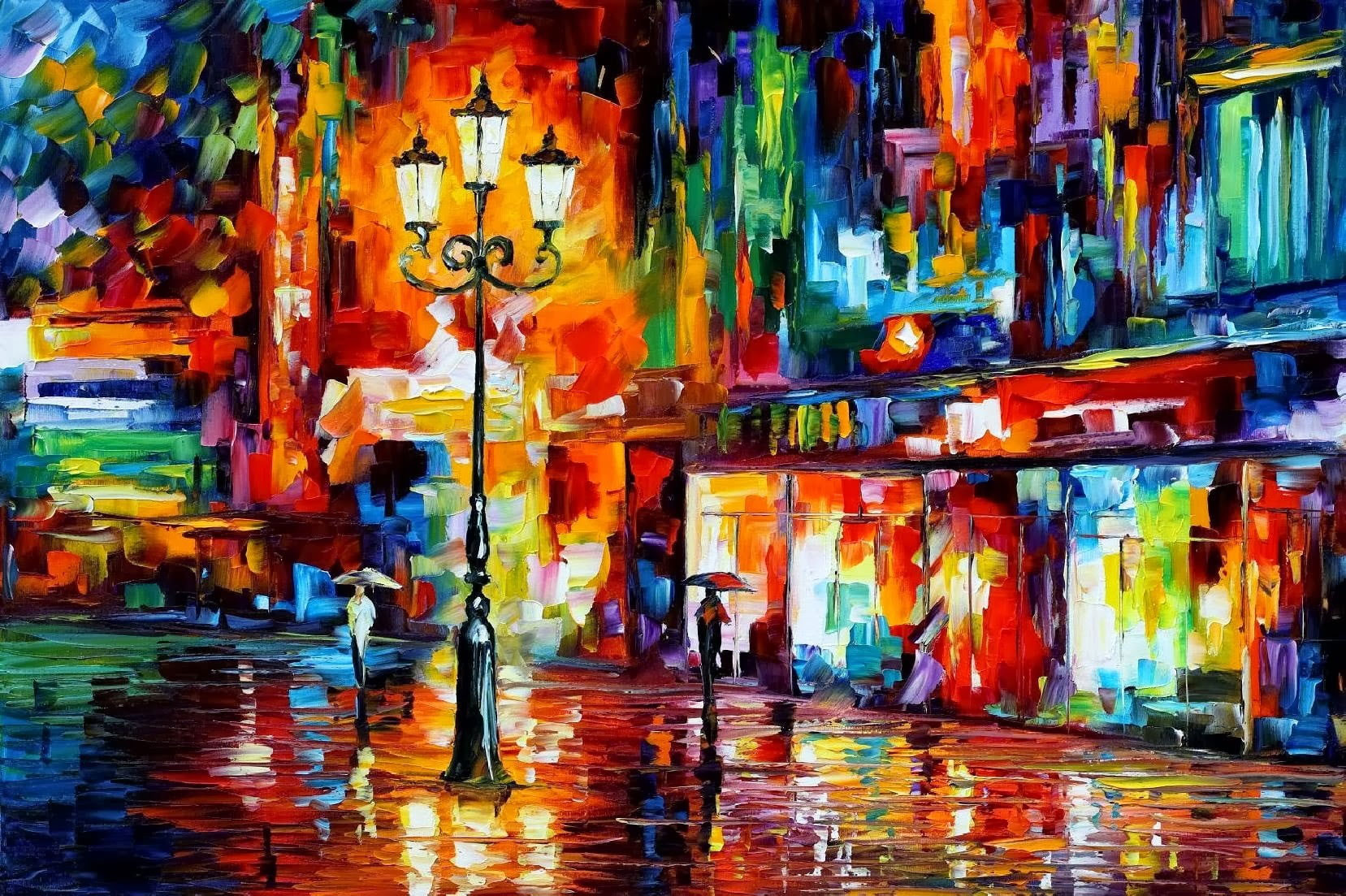 Assorted-colored abstract painting wallpaper, colorful, street light, Leonid Afremov