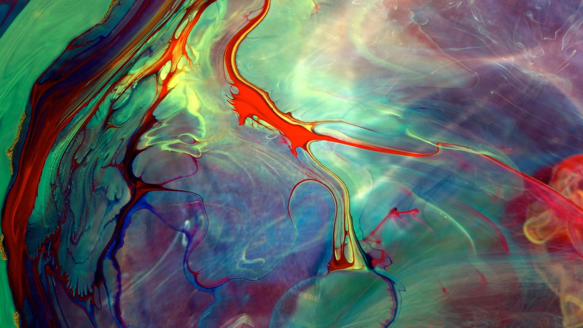 Multicolored fluid abstract painting wallpaper, paint in water, streaks
