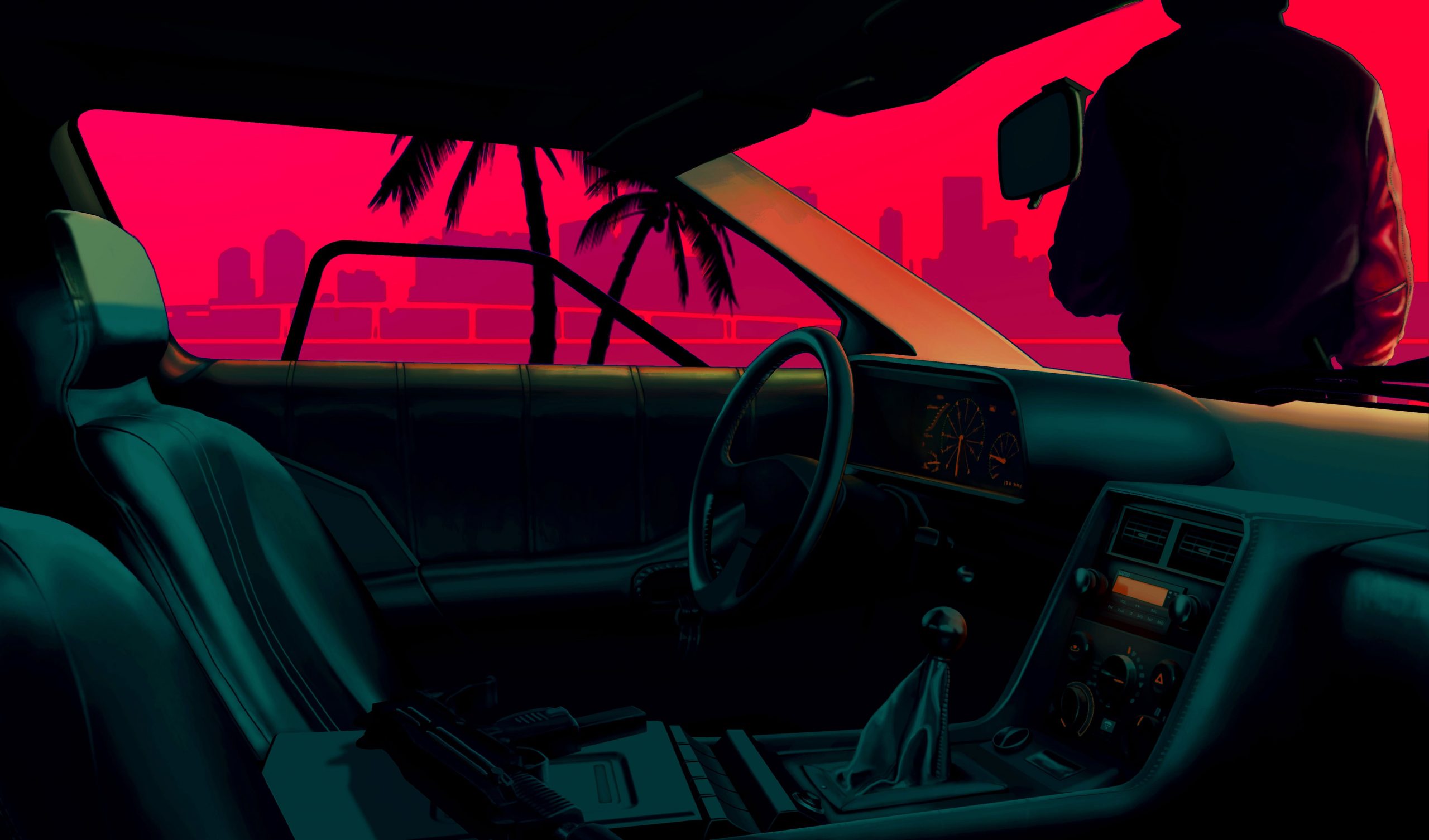 Black car interior wallpaper illustration, video games, Hotline Miami, DMC DeLorean