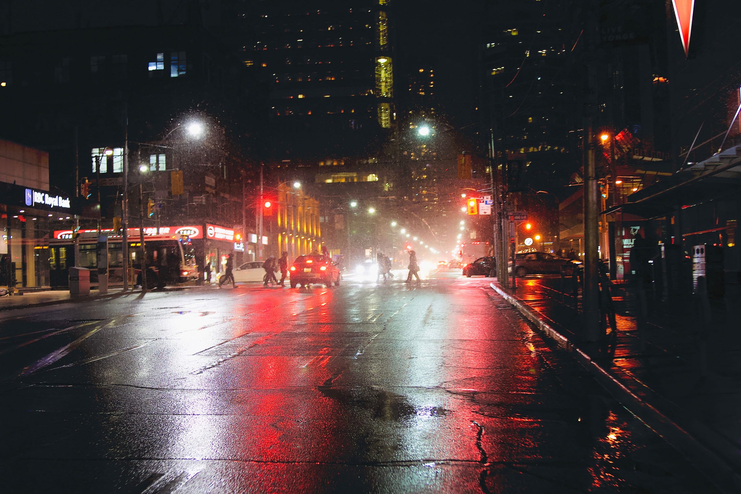 Vehicle wallpaper on wet road during nighttime, urban, downtown, city, building