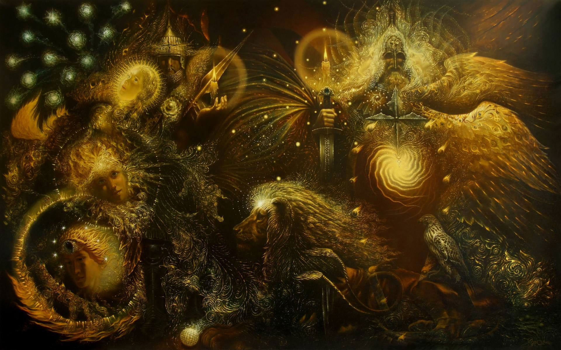 Trippy wallpaper, psychedelic, fractal, Norse mythology, lion, close-up