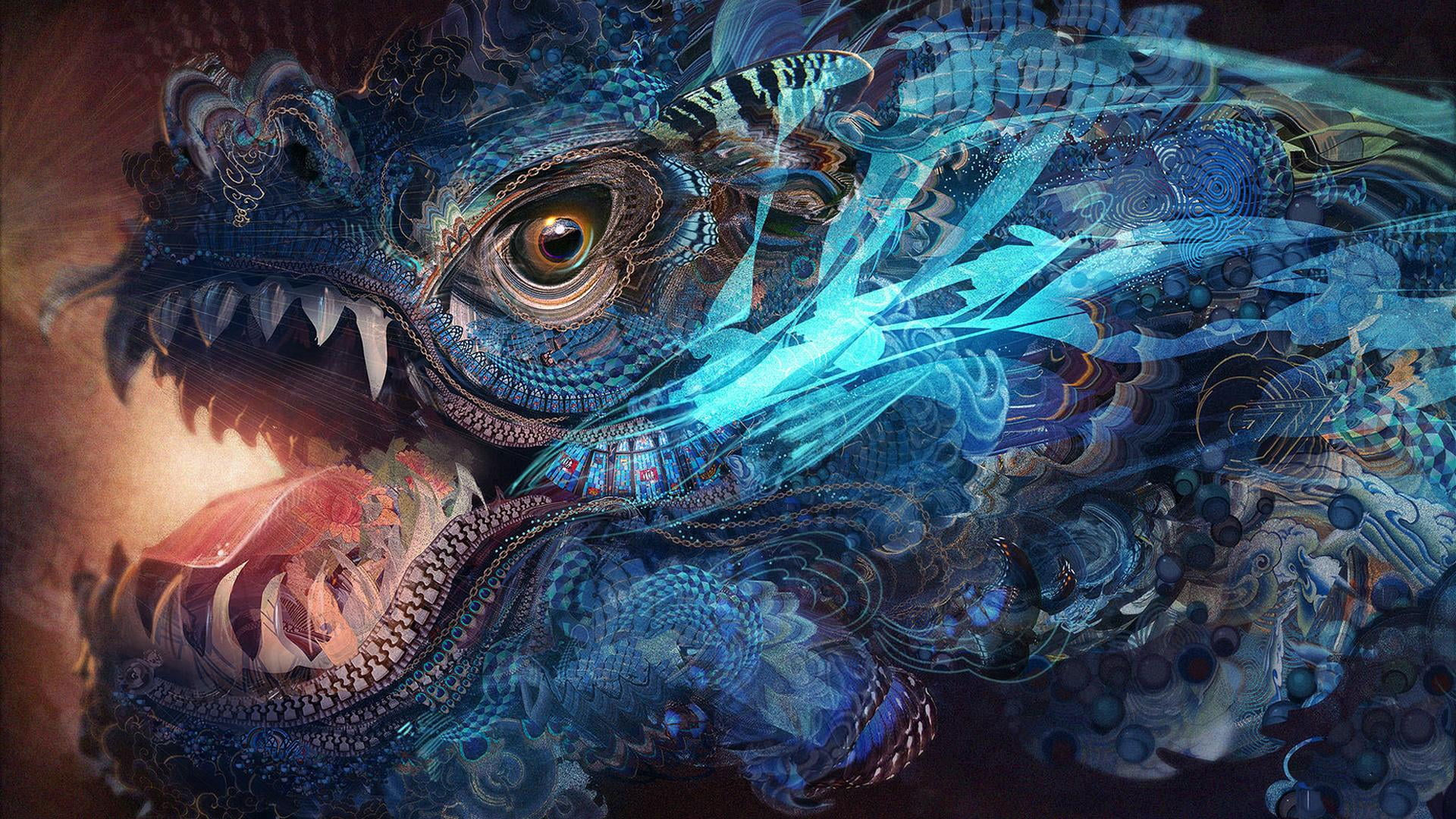 Psychedelic wallpaper, dragon, abstract, trippy, fractal, art and craft