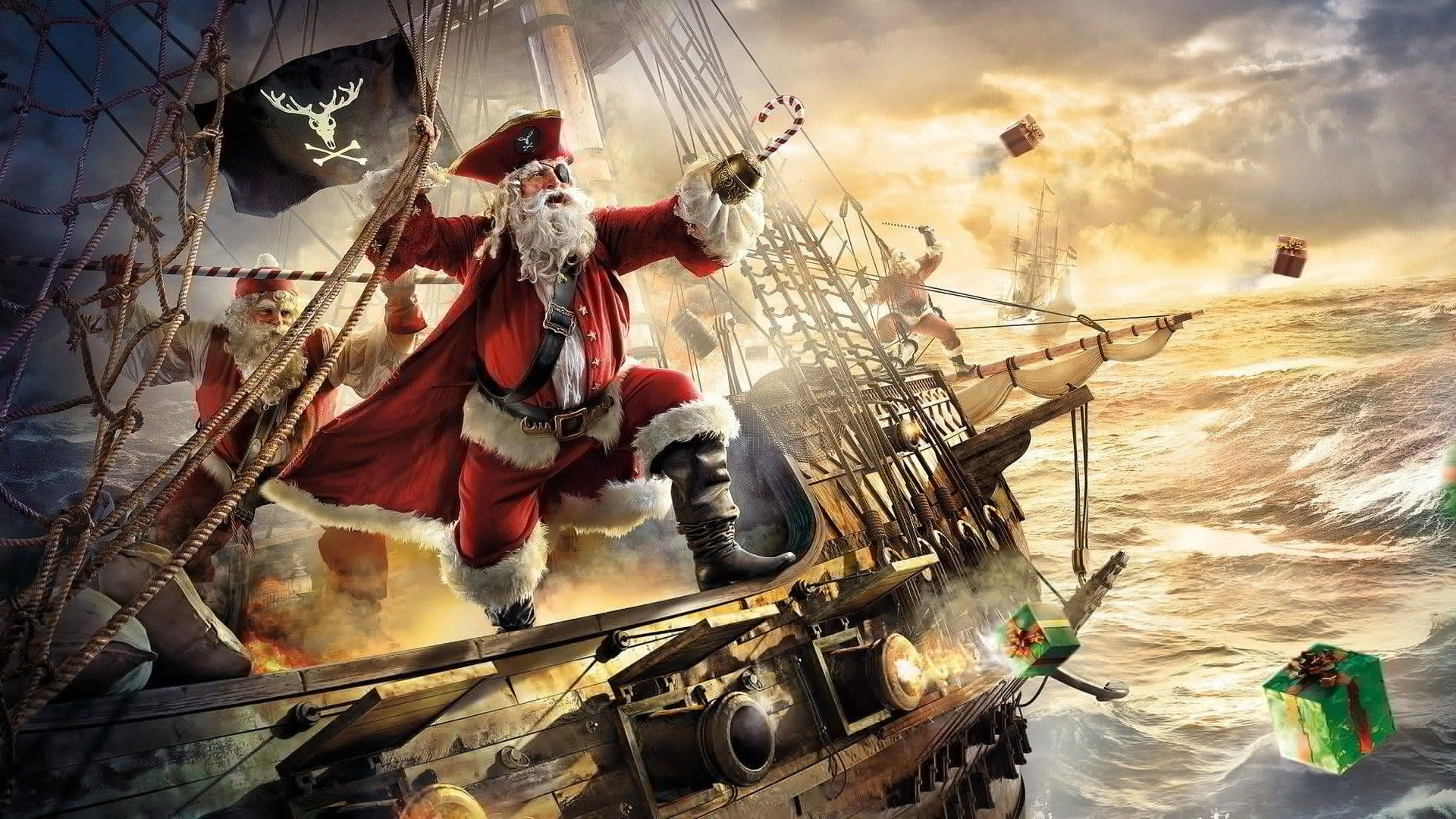 Pirate Santa on a Ship wallpaper, canon, christmas, fantasy art, funny