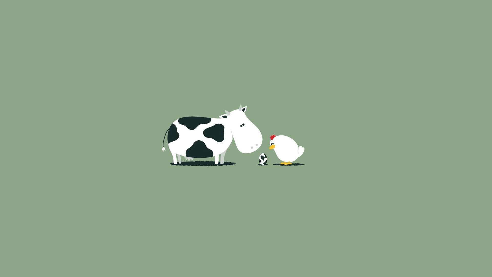 Cow wallpaper, chicken and the egg, cow and hen illustration, funny, 1920x1080