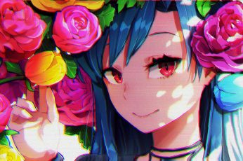 Female anime character wallpaper, anime girls, red eyes, glitch art, flowers