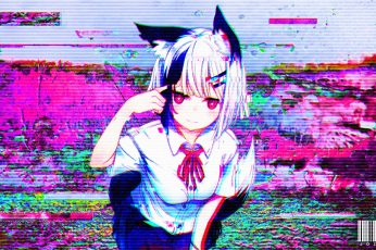 Anime wallpaper, anime girls, cat girl, glitch art, pink, artwork, digital art