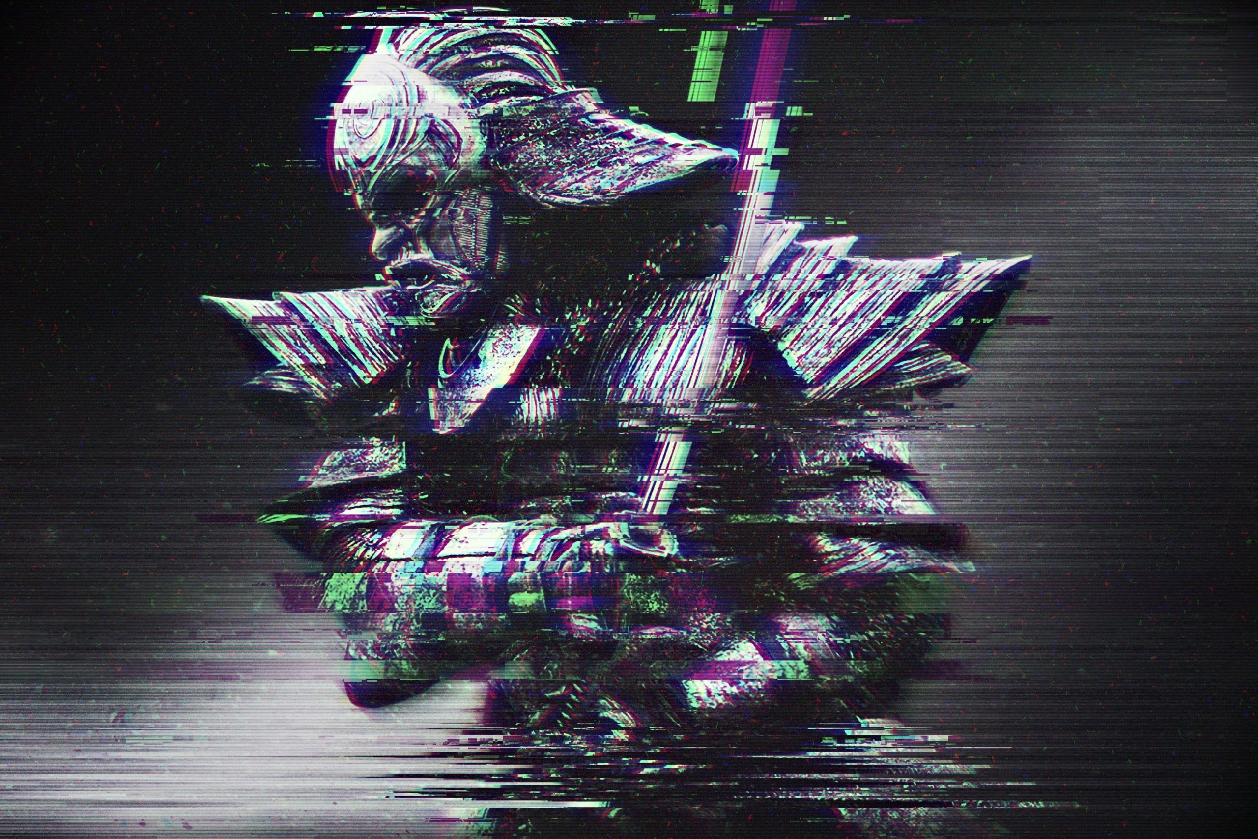 Samurai warrior digital wallpaper, glitch art, abstract, distortion