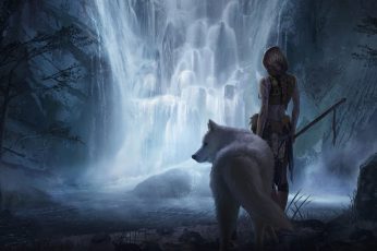 Fantasy art wallpaper, women, wolf, mammal, waterfall, one person, full length