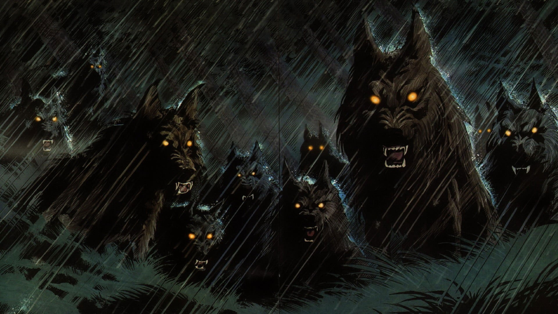 Group of wolves wallpaper, fantasy art, artwork, wolf, dog, night